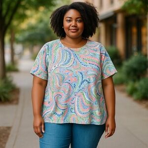 Paisley Lace Watercolor Top Size Large Rhinestone Accents Alfred Dunner Stretch